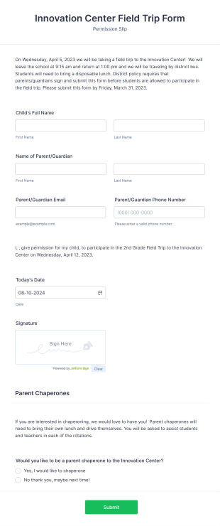 Innovation Center Field Trip Form Template