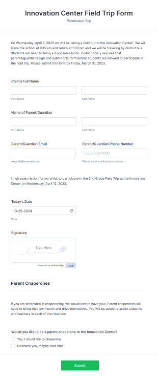 Innovation Center Field Trip Form Template