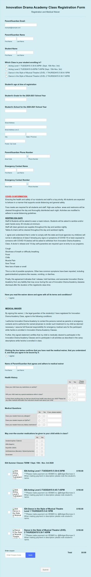 Drama Academy Class Registration Form Template