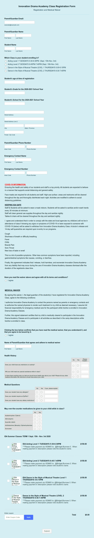 Drama Academy Class Registration Form Template