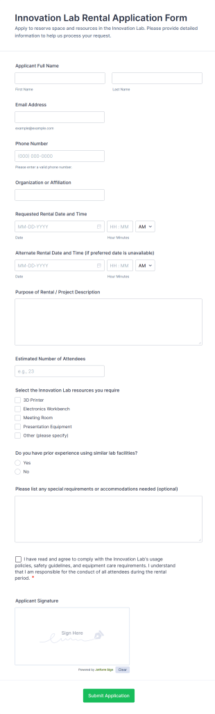 Innovation Lab Rental Application Form Template
