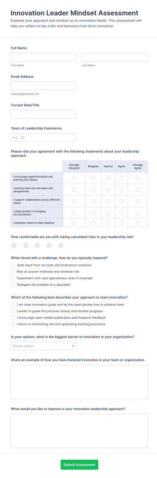 Innovation Leader Mindset Assessment Form Template