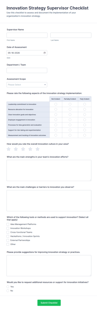 Innovation Strategy Supervisor Checklist Form Template