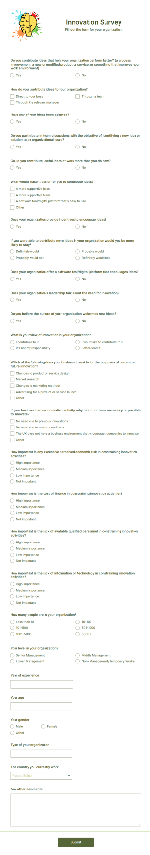 Innovation Survey Form Template