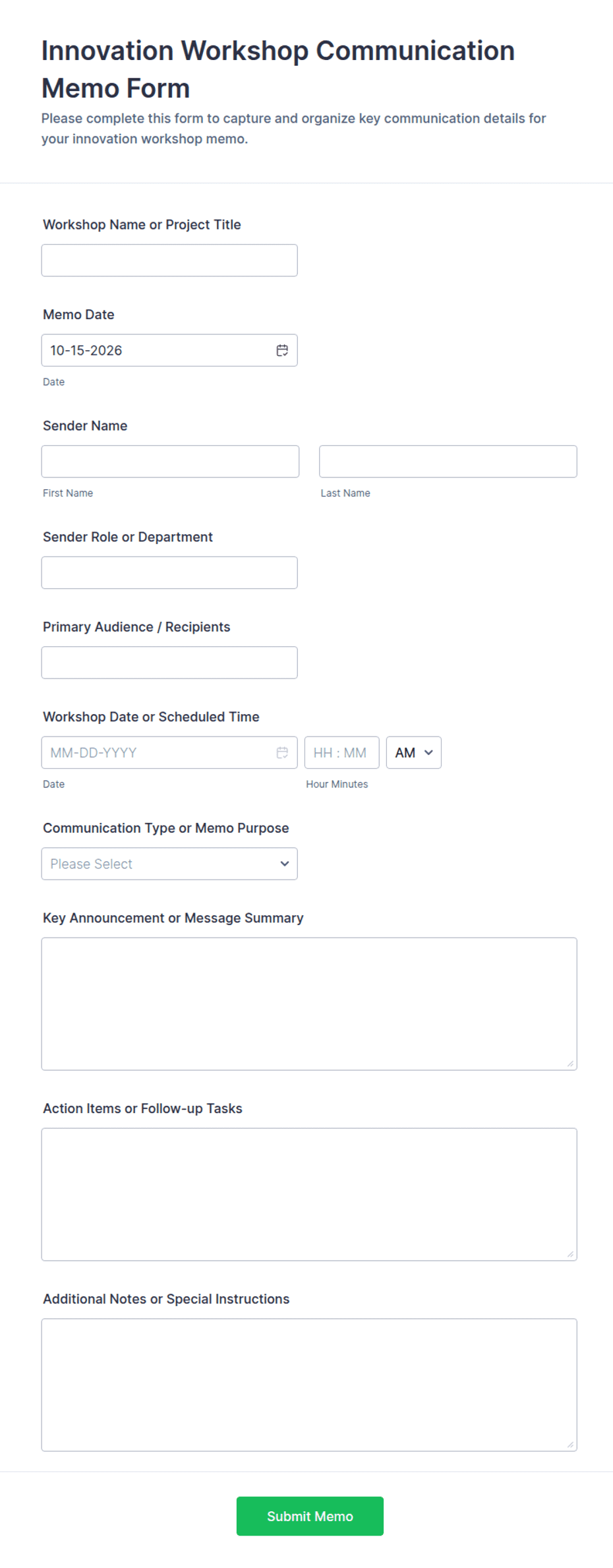 Communication Matrix Format Excel Innovation Workshop Communication Memo Form Template | Jotform