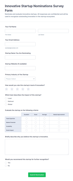 Innovative Startup Nominations Survey Form Template