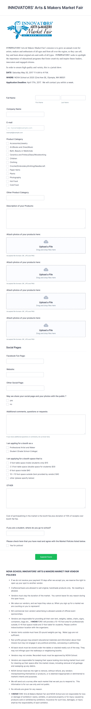 Arts And Makers Market Fair Application Form Template