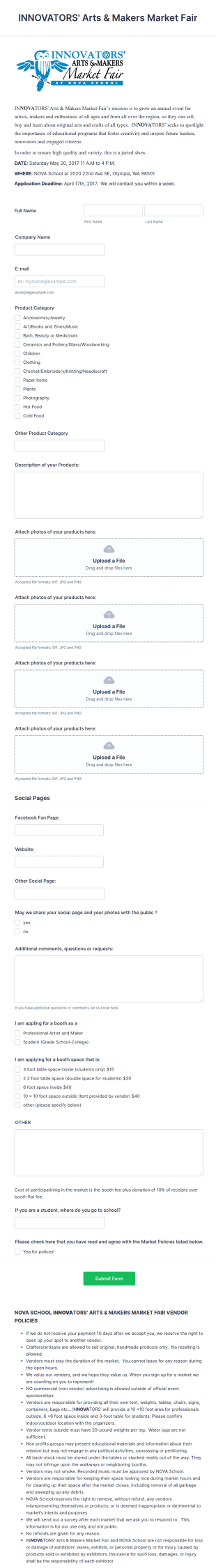 Arts And Makers Market Fair Application Form Template