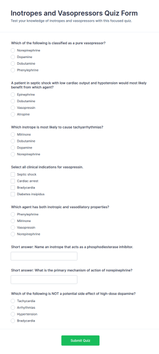 Inotropes And Vasopressors Quiz Form Template