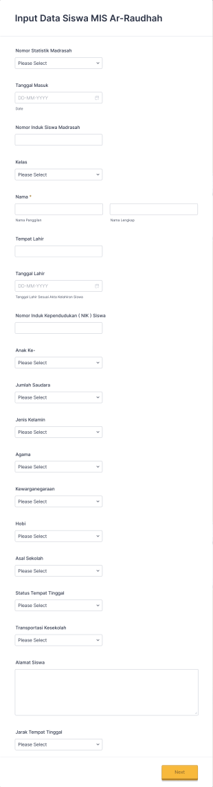 Input Data Siswa MIS Ar Raudhah Form Template