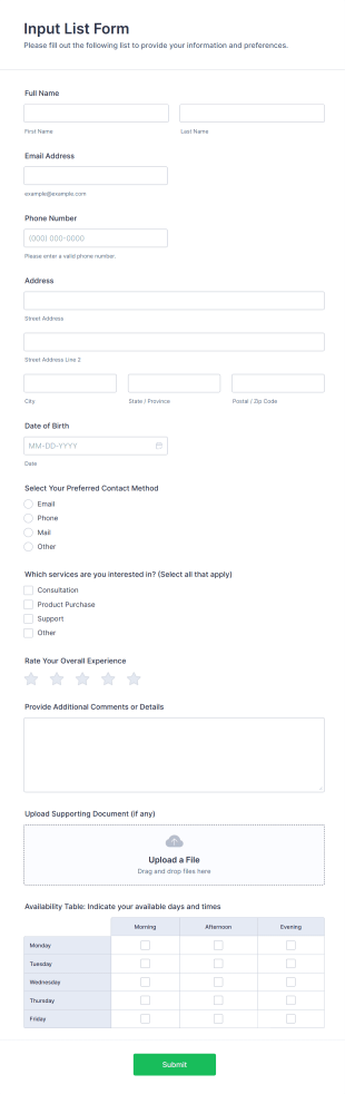 Input List Form Template
