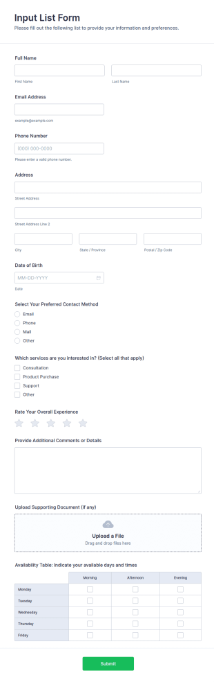 Input List Form Template