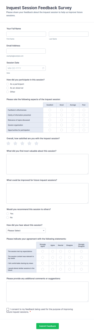 Inquest Session Feedback Survey Form Template