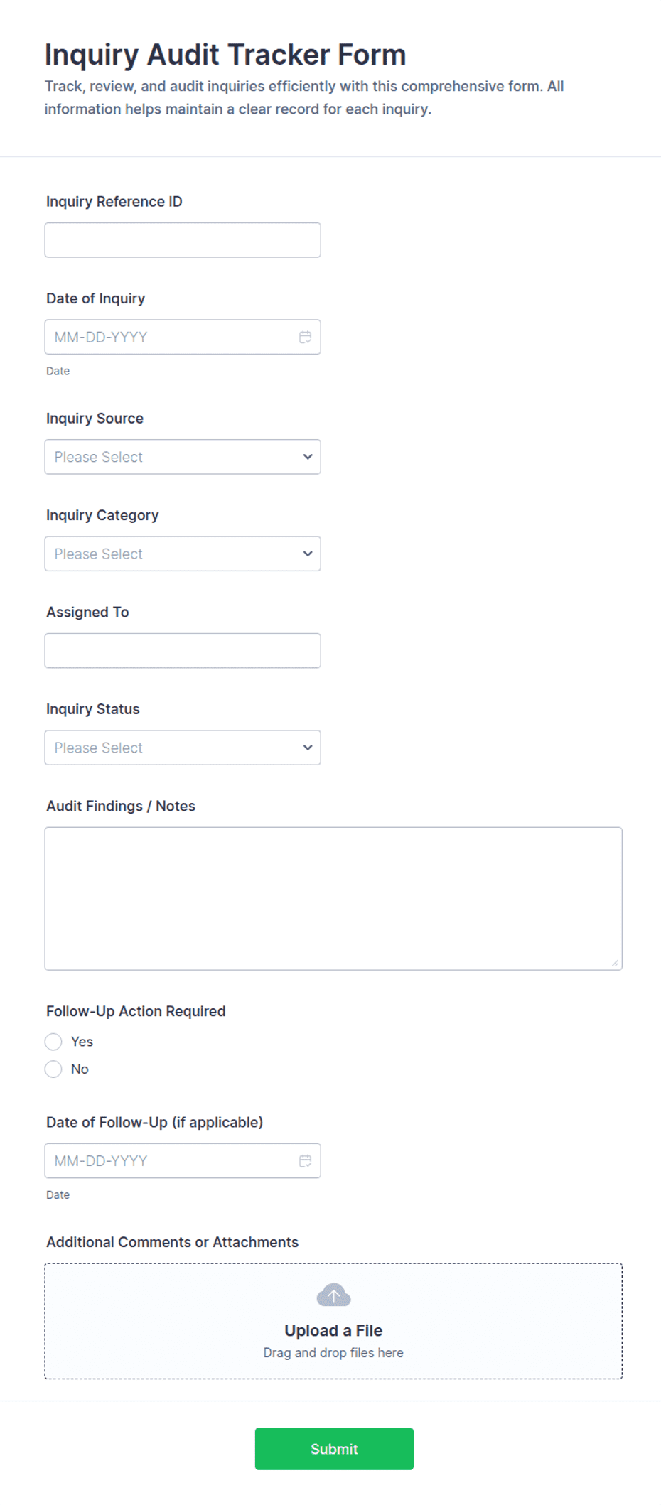 Inquiry Audit Tracker Form Template | Jotform