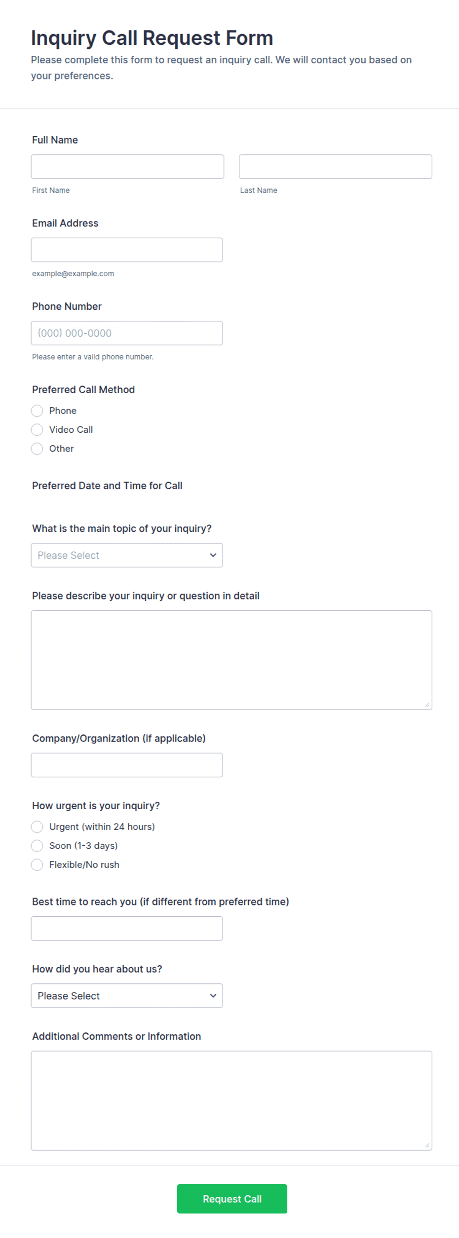 Inquiry Call Request Form Template | Jotform