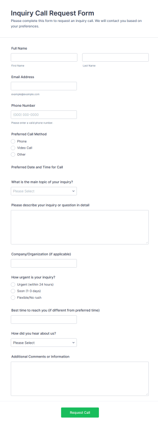 Inquiry Call Request Form Template