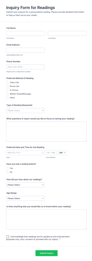 Inquiry Form For Readings