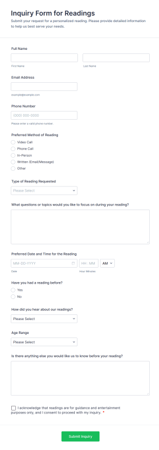 Inquiry Form For Readings