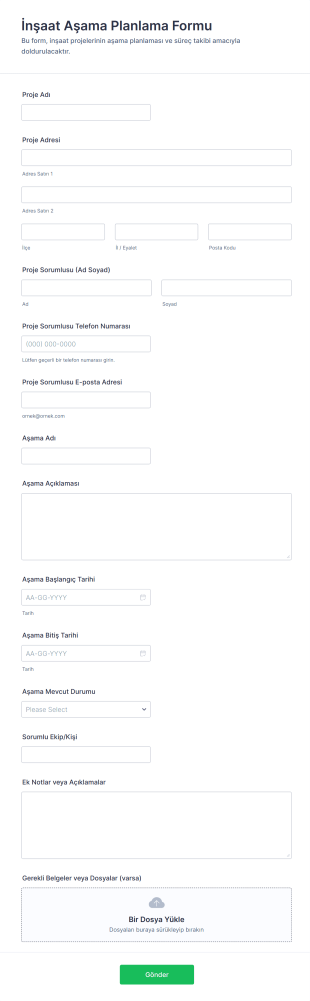 İnşaat Aşama Planlama Form Şablonu