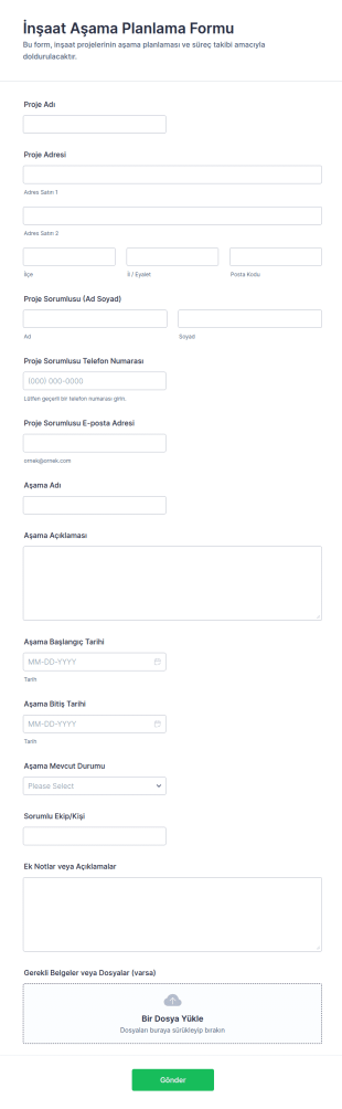 İnşaat Aşama Planlama Form Şablonu