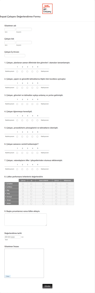 İnşaat Çalışanı Değerlendirme Form Şablonu