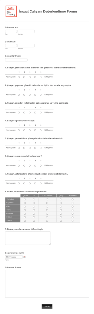 İnşaat Çalışanı Değerlendirme Form Template