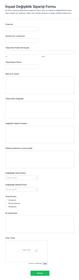 İnşaat Değişiklik Talebi Form Şablonu