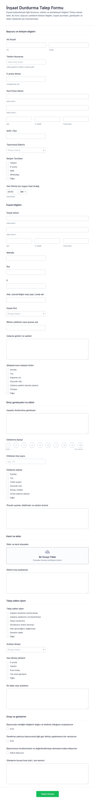 İnşaat Durdurma Talebi Form Şablonu