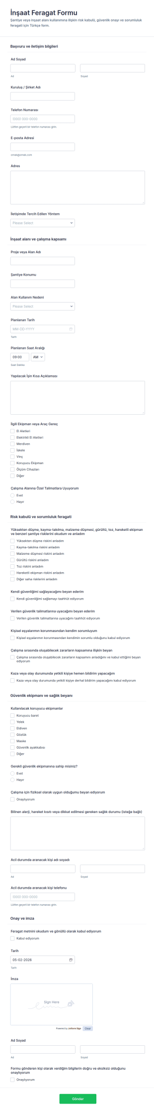 İnşaat Feragatname Form Şablonu