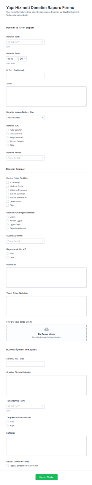 İnşaat Hizmetleri Denetim Raporu Form Şablonu