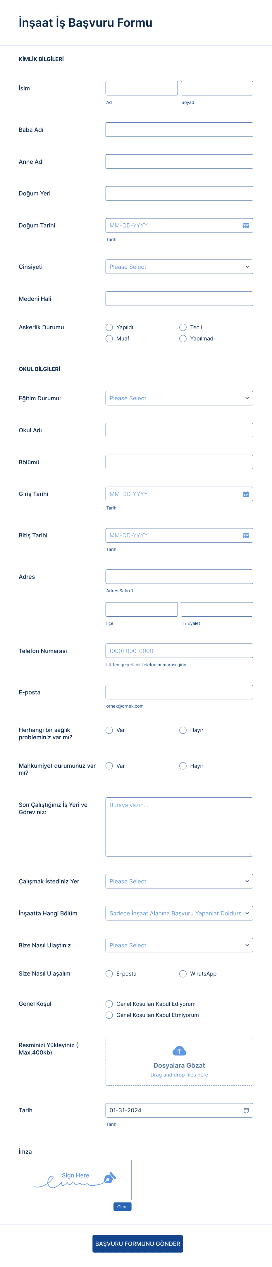 İnşaat İş Başvuru Formu