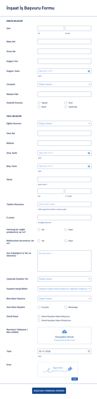 İnşaat İş Başvuru Form Şablonu