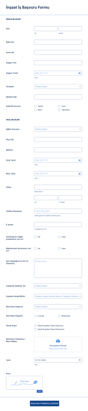 İnşaat İş Başvuru Form Template