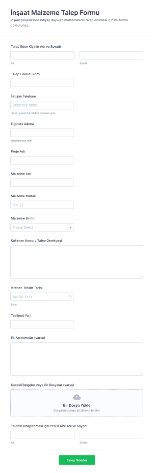 İnşaat Malzeme Talep Form Şablonu