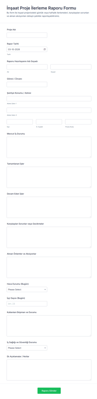 İnşaat Proje İlerleme Raporu Form Şablonu