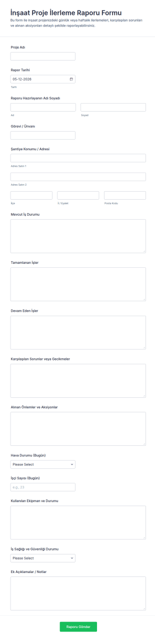 İnşaat Proje İlerleme Raporu Form Şablonu