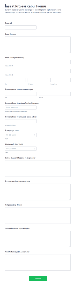 İnşaat Proje Kabul Form Şablonu