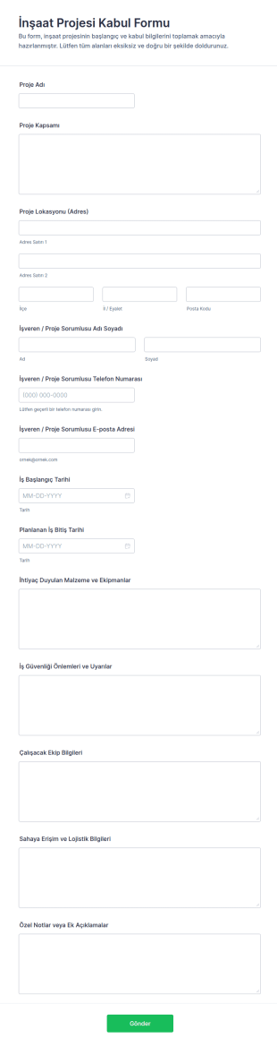 İnşaat Proje Kabul Form Şablonu