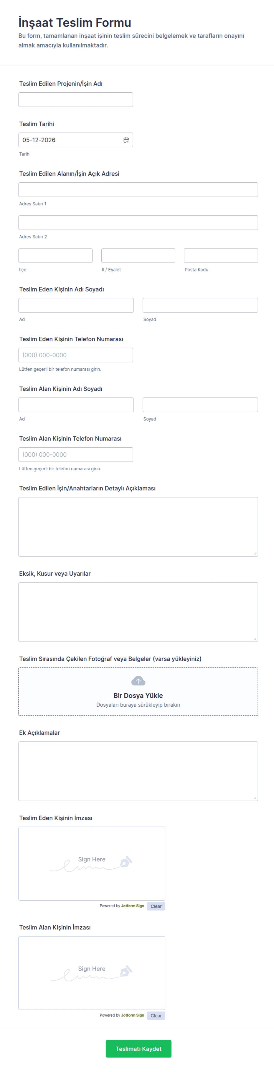 İnşaat Teslim Form Şablonu | Jotform