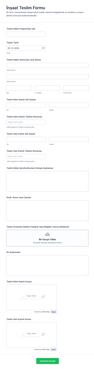 İnşaat Teslim Form Şablonu