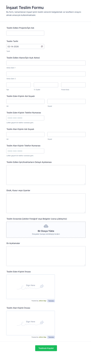 İnşaat Teslim Form Şablonu
