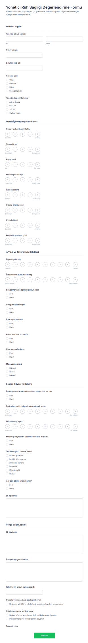 İnsan Kaynakları Çalışanı Ruh Sağlığı Değerlendirme Anketi Form Şablonu