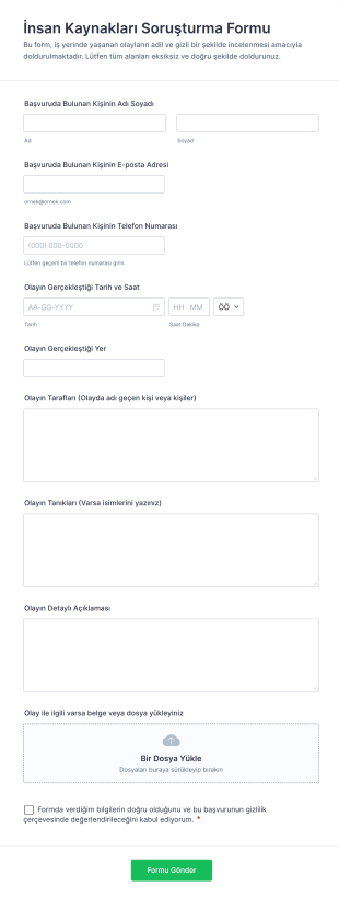 İnsan Kaynakları Soruşturma Form Şablonu