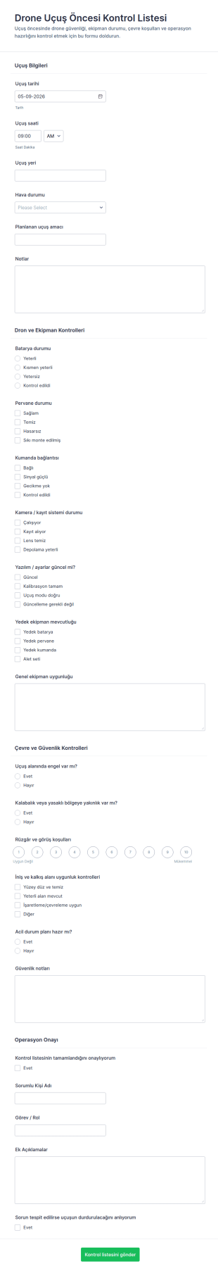 İnsansız Hava Aracı Ön Uçuş Kontrol Listesi Form Şablonu