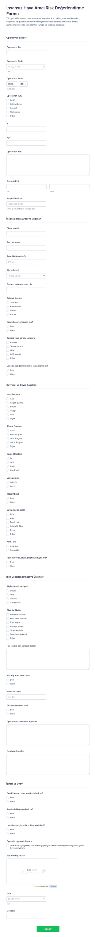İnsansız Hava Aracı Risk Değerlendirme Anketi 🚁 Form Şablonu