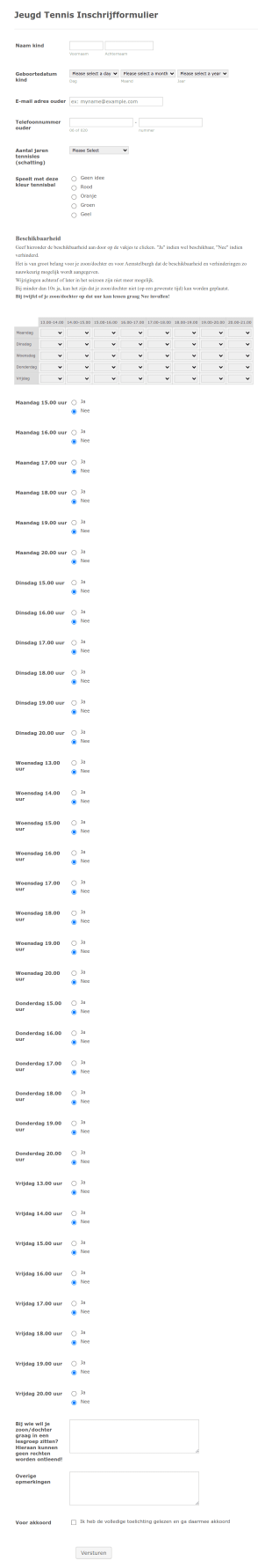 Jeugd Tennisopleiding Inschrijfformulier Form Template