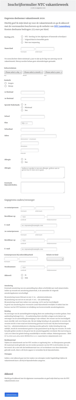 Inschrijfformulier Vakantieweek 2020 Form Template