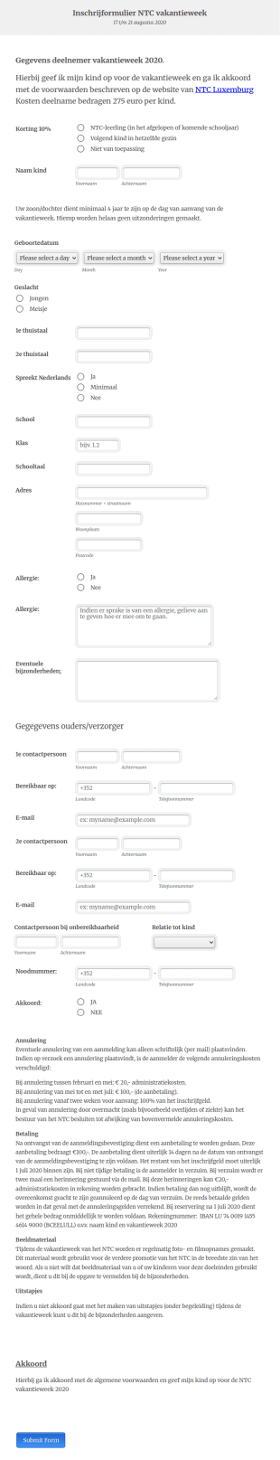 Inschrijfformulier Vakantieweek 2020