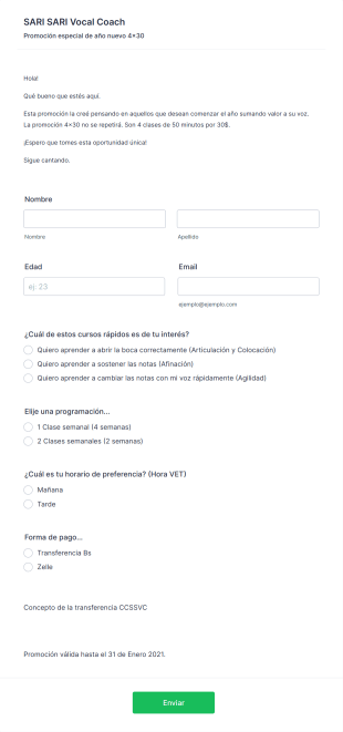 Inscripción Clases De Canto Form Template