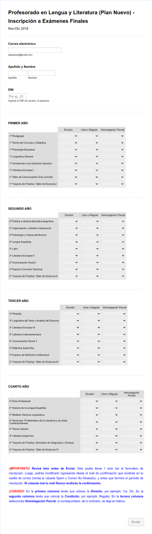 Inscripción De Alumnos A Examen Final Carrera De Lengua Y Literatura Form Template